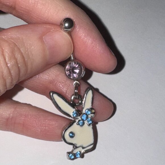 Pink and Blue Play boy-looking Bunny Dangle Belly Ring - Picture 11 of 16